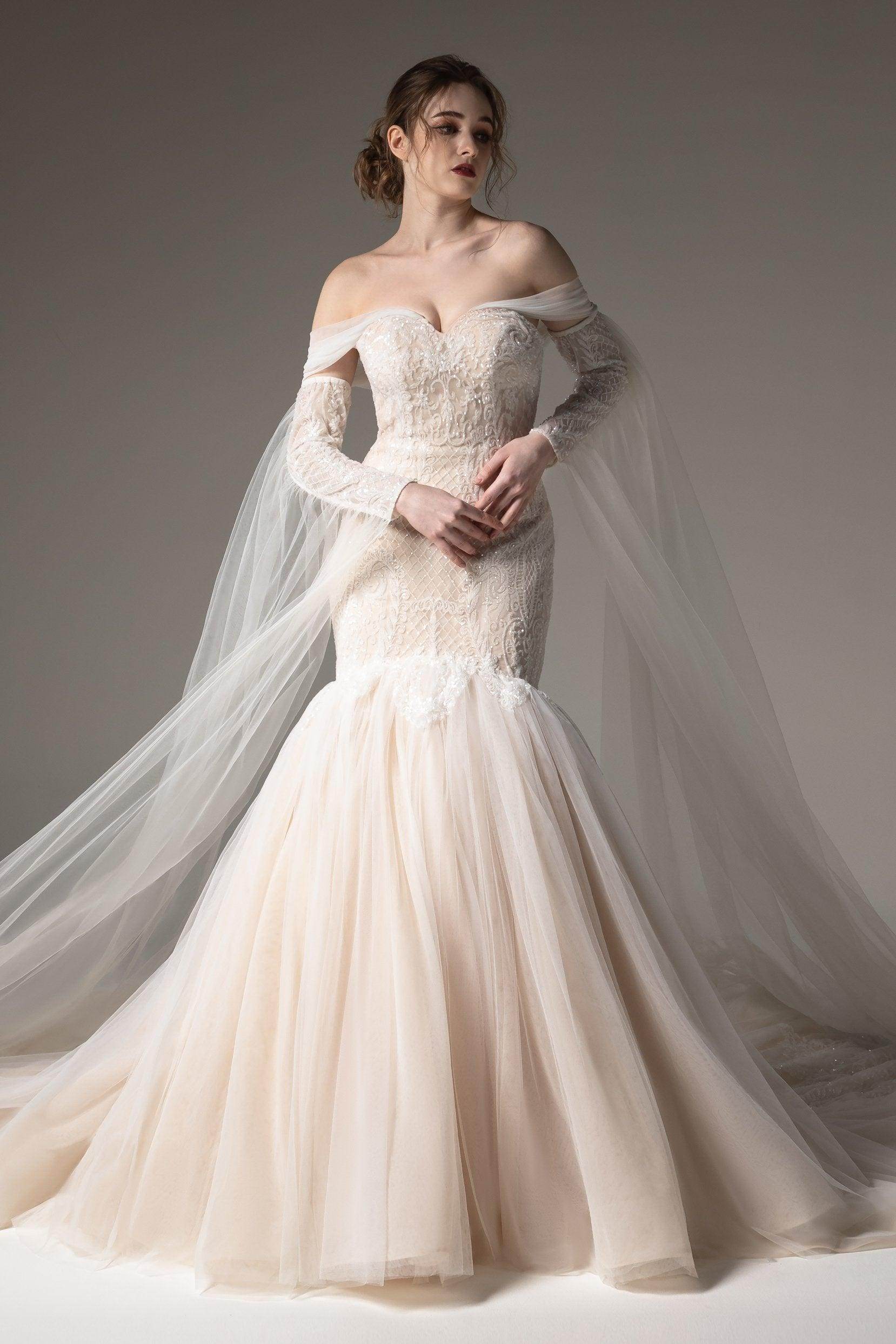 Trumpet-Mermaid Chapel Train Sequined Lace Wedding Dress CW2509 - COCOMELODY